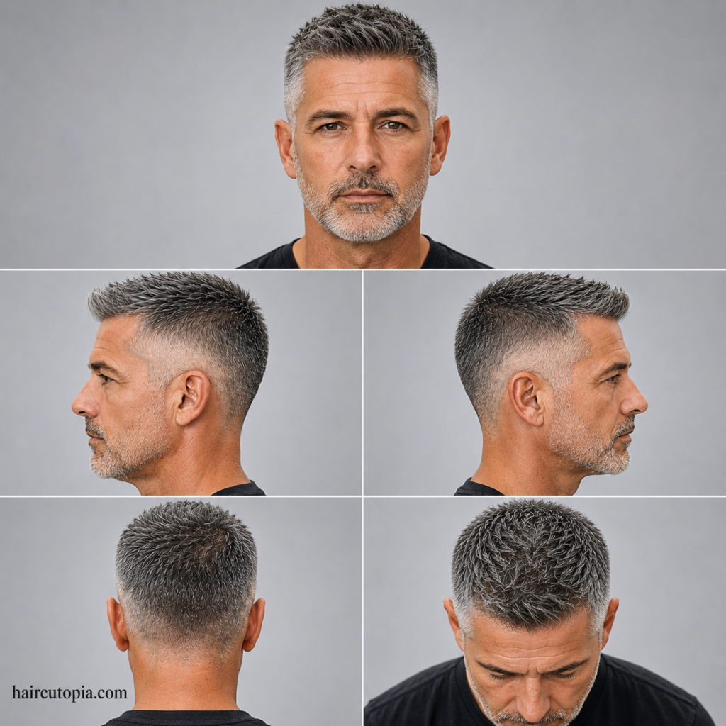 Five-panel collage showing a crew cut haircut for older men from front, side, back, and top views