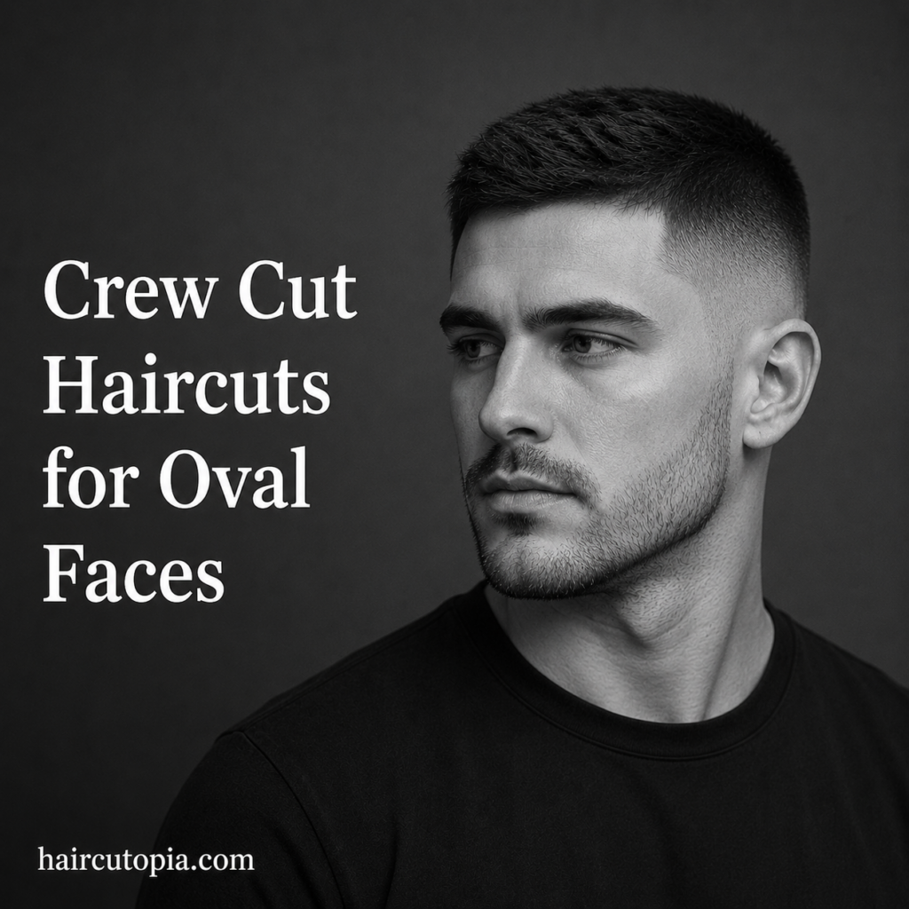 Man with a modern crew cut haircut and faded sides styled for an oval face shape in a black and white editorial portrait.