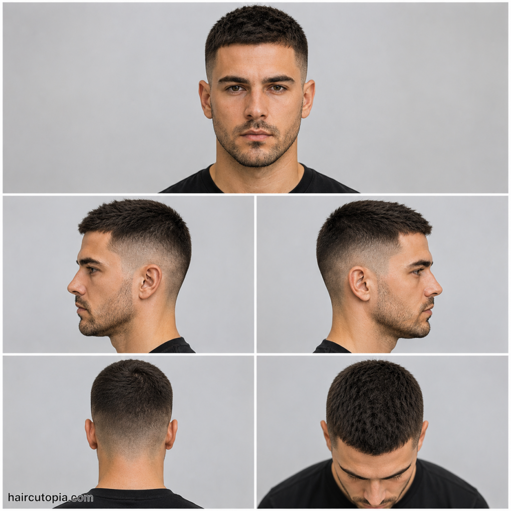 Five-panel collage showing a modern crew cut haircut for oval faces from the front, left side, right side, back, and top views.