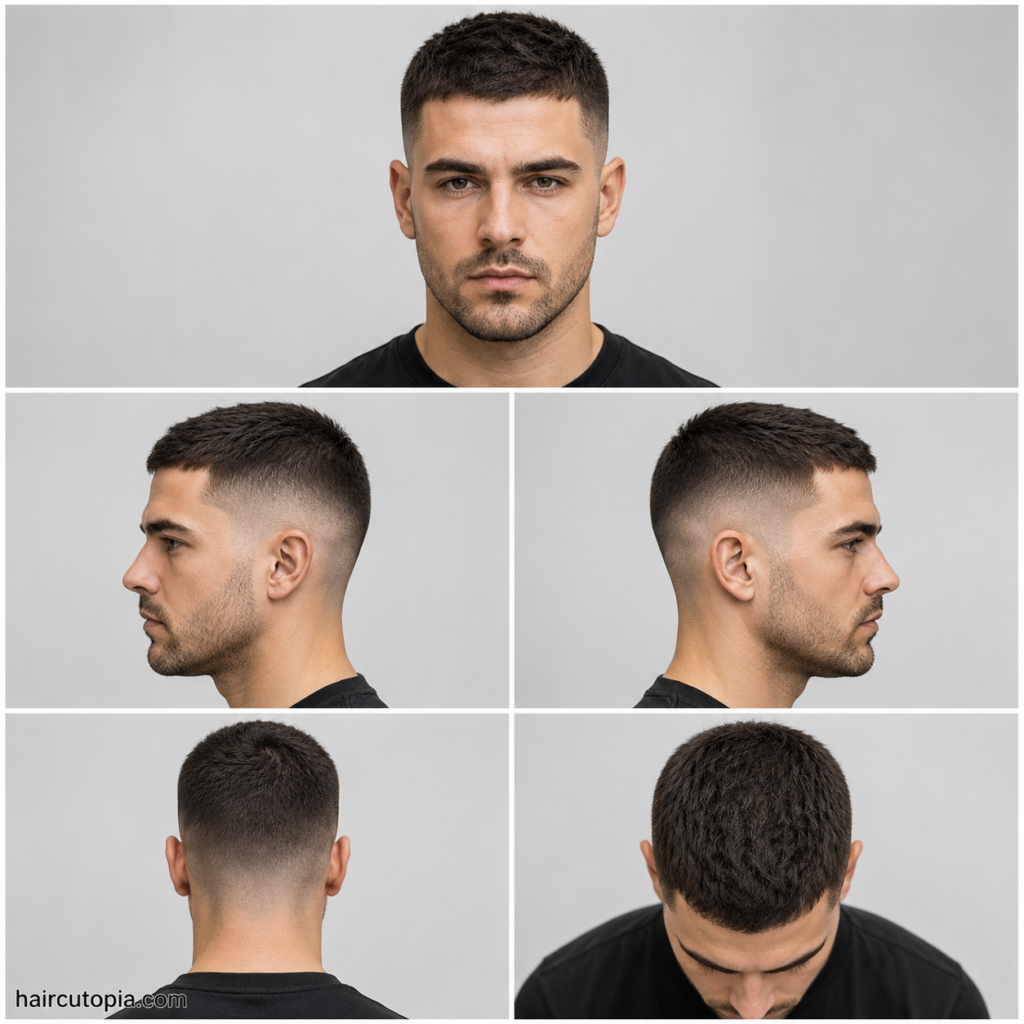 Five-panel collage showing a crew cut haircut for round faces from the front, left side, right side, back, and top views.