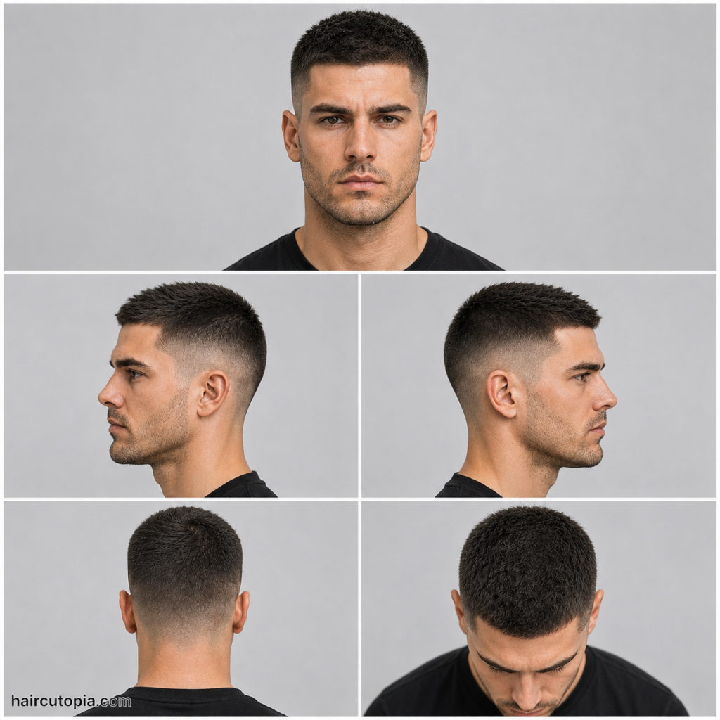 Five-panel collage showing a modern crew cut haircut for square faces from the front, left side, right side, back, and top views.