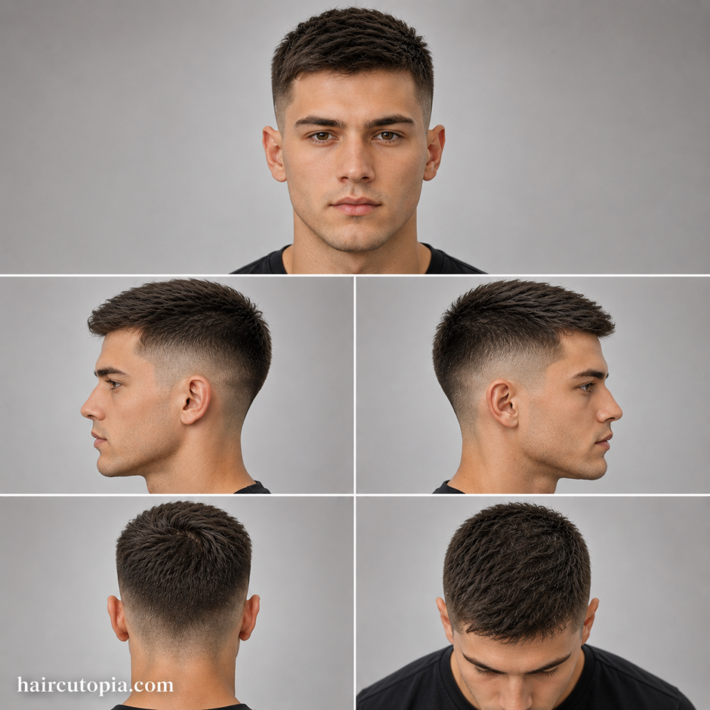 Five-panel collage showing a crew cut haircut for straight hair from the front, left side, right side, back, and top views.