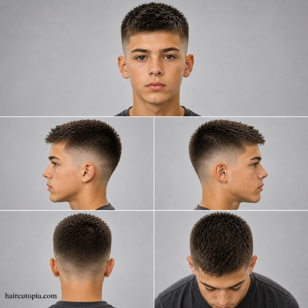 Five-panel collage showing a modern crew cut haircut for teen boys from front, side, back, and top views