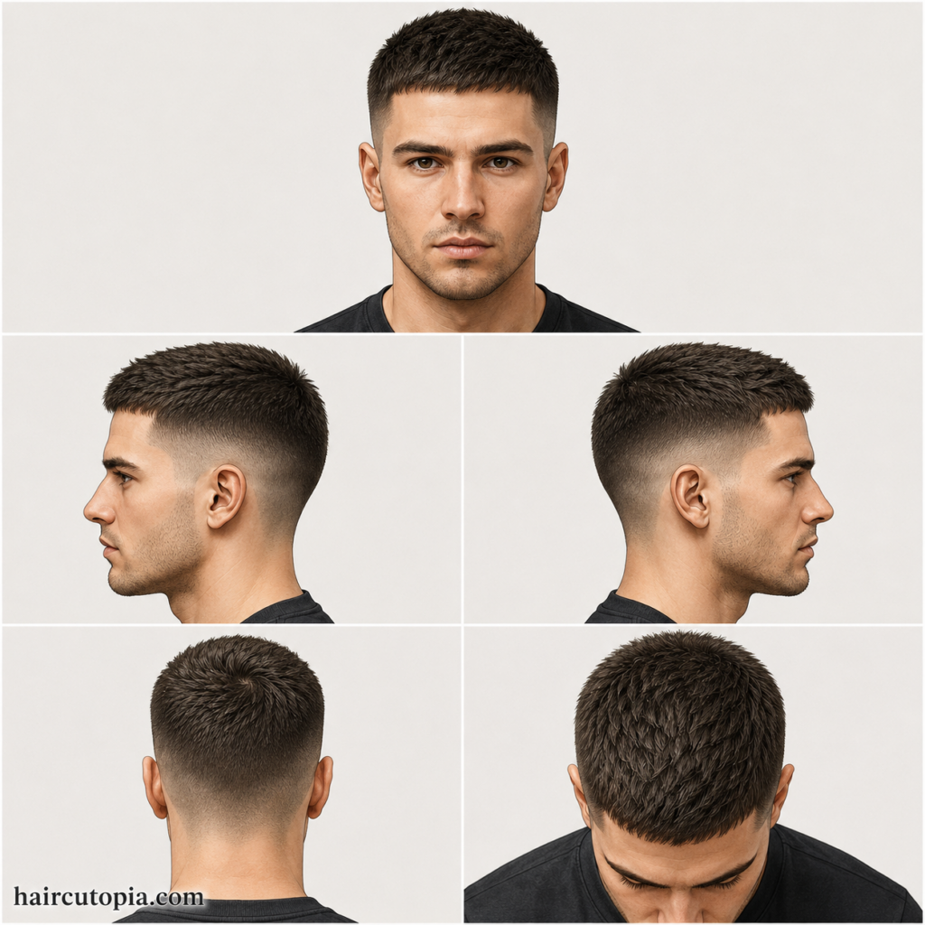 Five-panel collage showing a crew cut haircut for thin hair from the front, left side, right side, back, and top views.