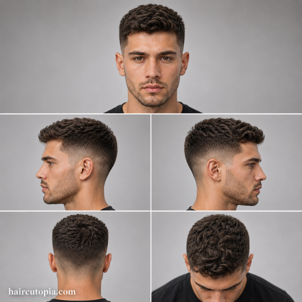 Five-panel collage showing a wavy crew cut haircut from the front view, left side view, right side view, back view, and bird's-eye top view.