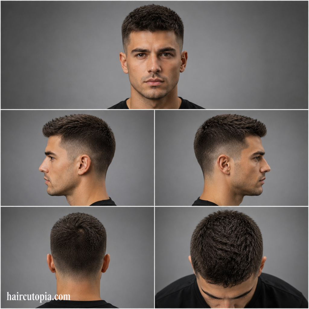 Five-view collage of a crew cut haircut for thick hair showing front, left side, right side, back, and top views.