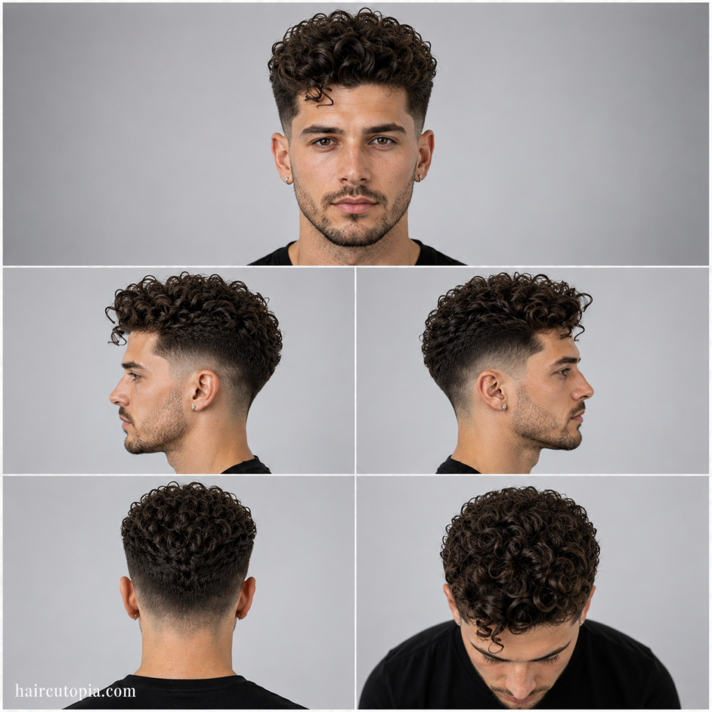 Five-view collage of a curly pompadour haircut showing front, left side, right side, back, and top views