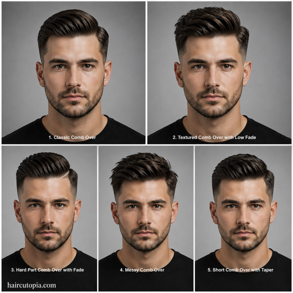 Five front-facing portraits showing classic, textured, hard part, messy, and short taper comb over haircuts for men