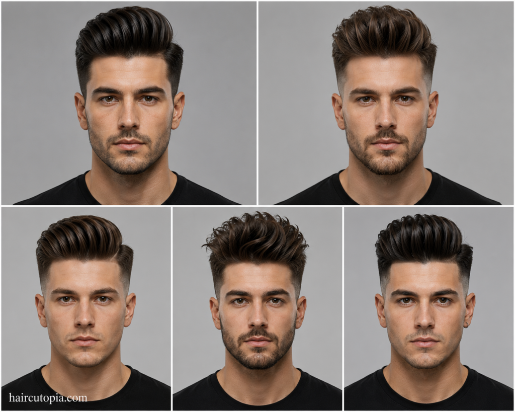 Five modern pompadour haircuts for men shown from the front, including classic, textured, faded, messy, and slicked-back styles