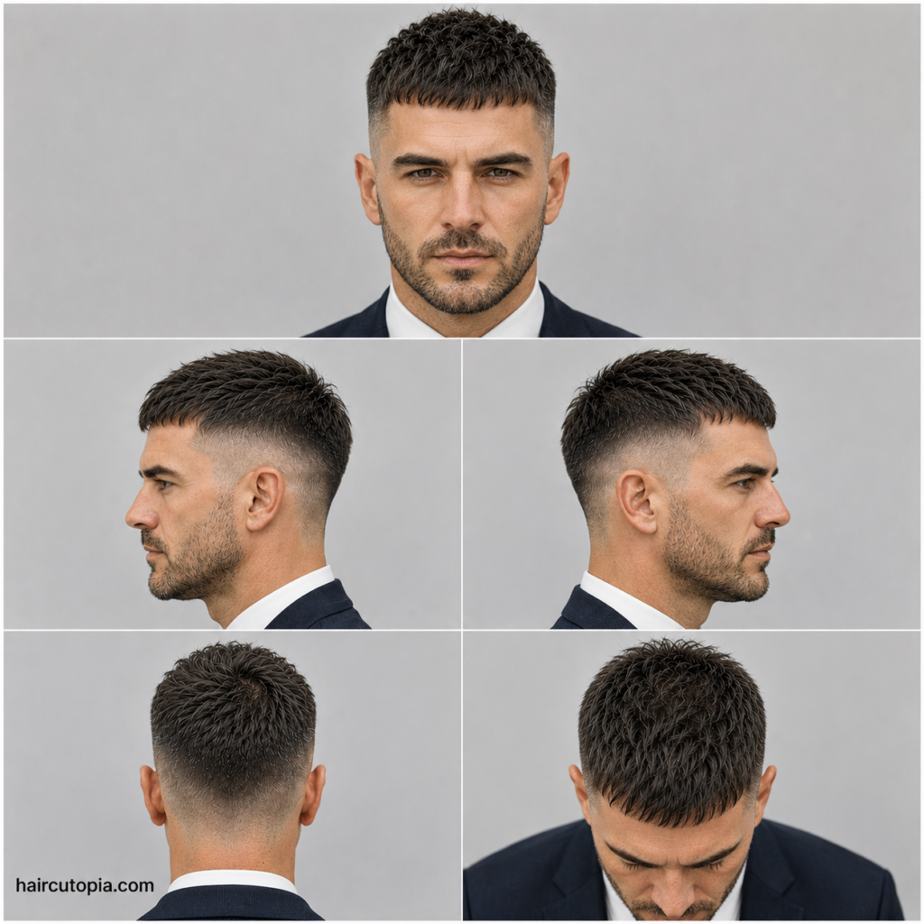 French Crop haircut for business professionals shown from front, side, back, and top views in a five-panel hairstyle collage