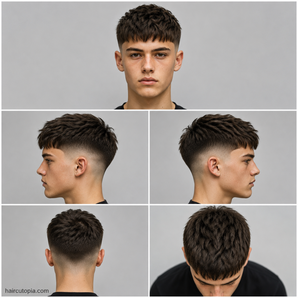 Five-angle French Crop haircut for teen boys showing front, left side, right side, back, and top views