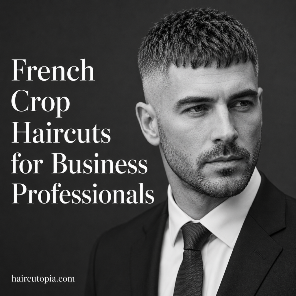 Business professional with a textured French crop haircut wearing a suit in a black and white editorial portrait