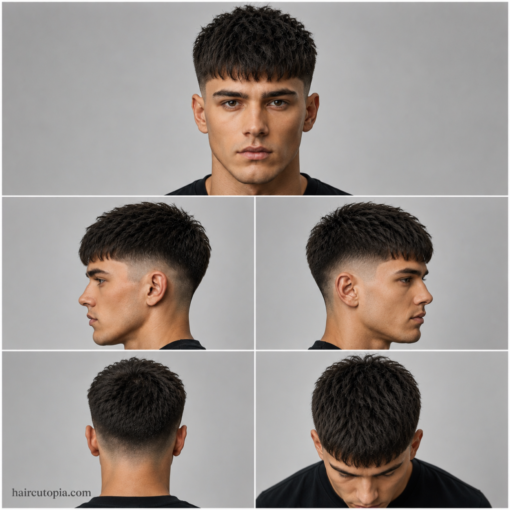 Five-view collage of a French crop haircut for coarse hair showing front, left side, right side, back, and top views with textured layers and faded sides.