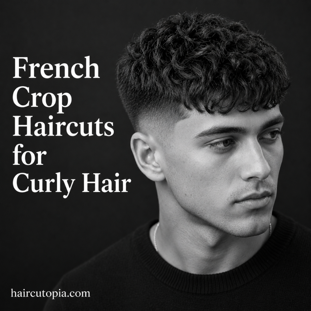 Man with a curly French crop haircut featuring defined curls on top, a cropped fringe, and a clean fade.