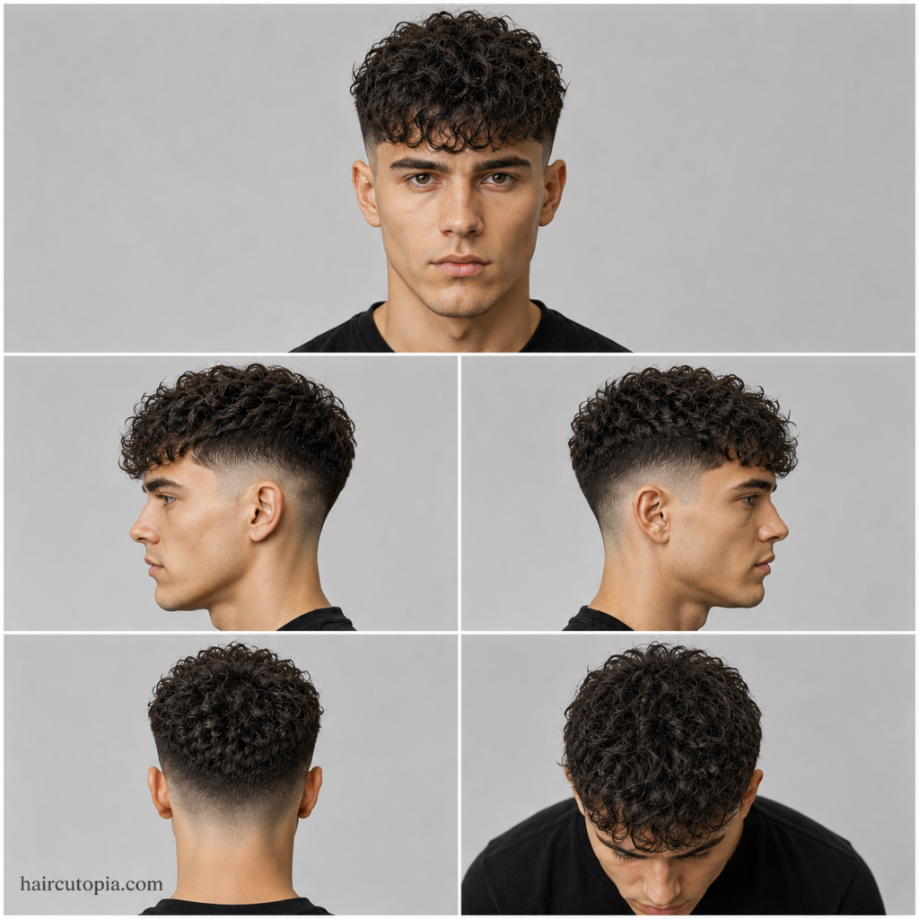 Five-view collage of a French crop haircut for curly hair showing front, left side, right side, back, and top views with defined curls and faded sides.