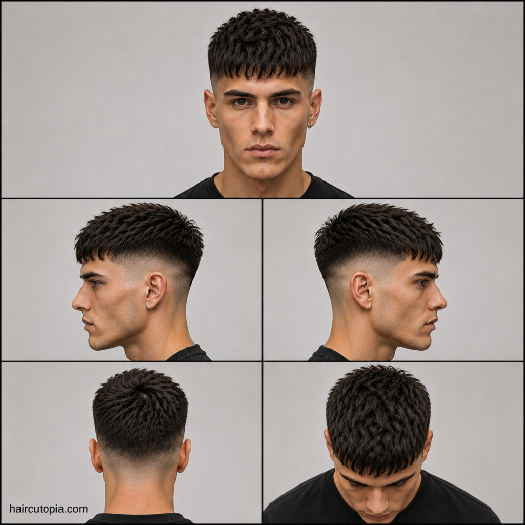 French crop haircut for diamond faces shown from front, side, back, and top views with textured fringe and fade