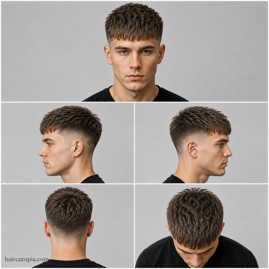 Five-view collage of a French crop haircut for fine hair showing front, left side, right side, back, and top views with textured layers and a clean fade.