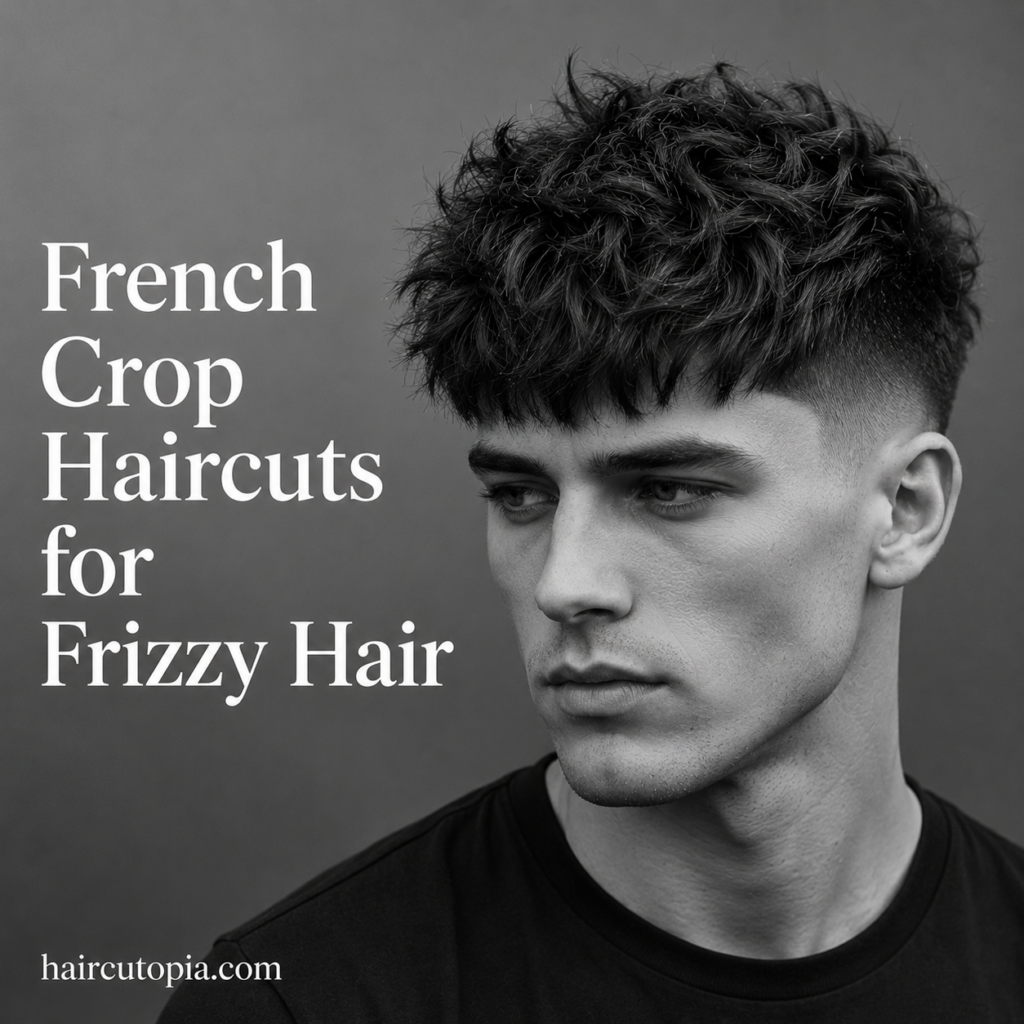 Man with a textured French crop haircut for frizzy hair featuring a messy fringe, natural texture, and clean fade.