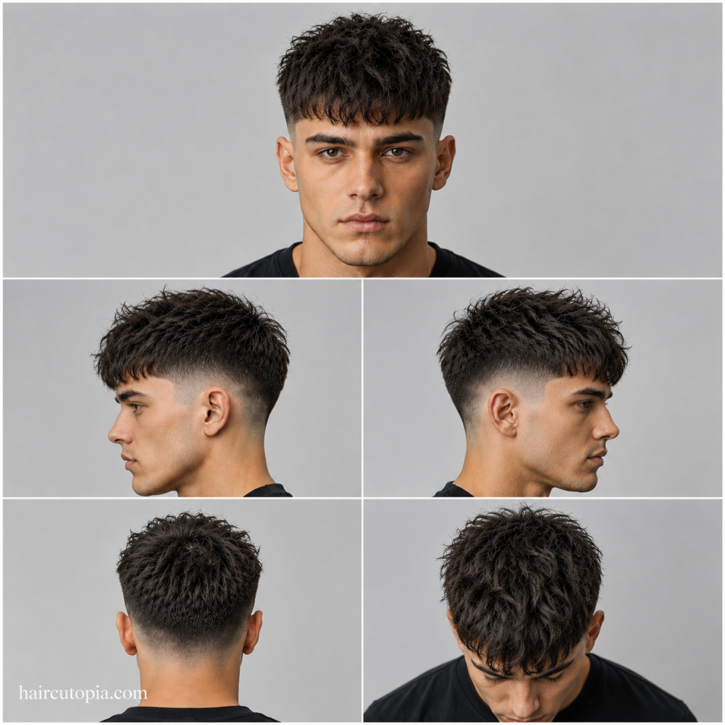 Five-view collage of a French crop haircut for frizzy hair showing front, left side, right side, back, and top views with textured layers and faded sides.