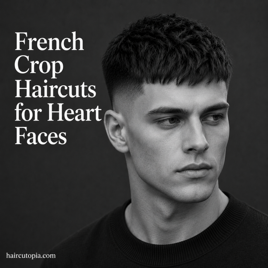 Man with a textured French crop haircut and fade styled to complement a heart-shaped face