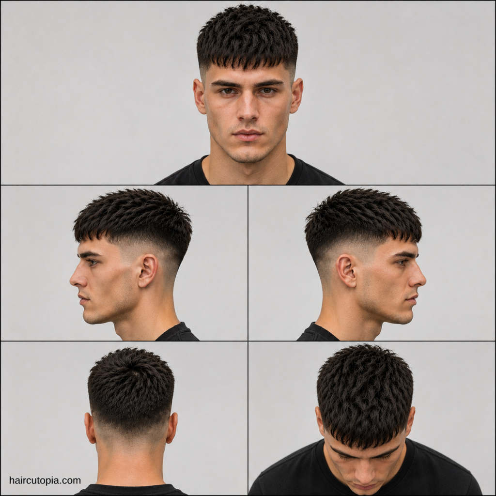 French crop haircut for heart-shaped faces shown from front, side, back, and top views with textured fringe and fade