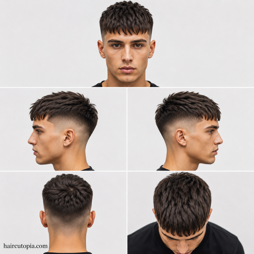 Five-view collage of a French crop haircut for long faces showing front, side, back, and top angles