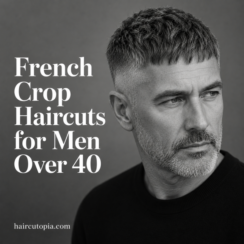Man over 40 with a textured French crop haircut and short beard in a black and white editorial portrait