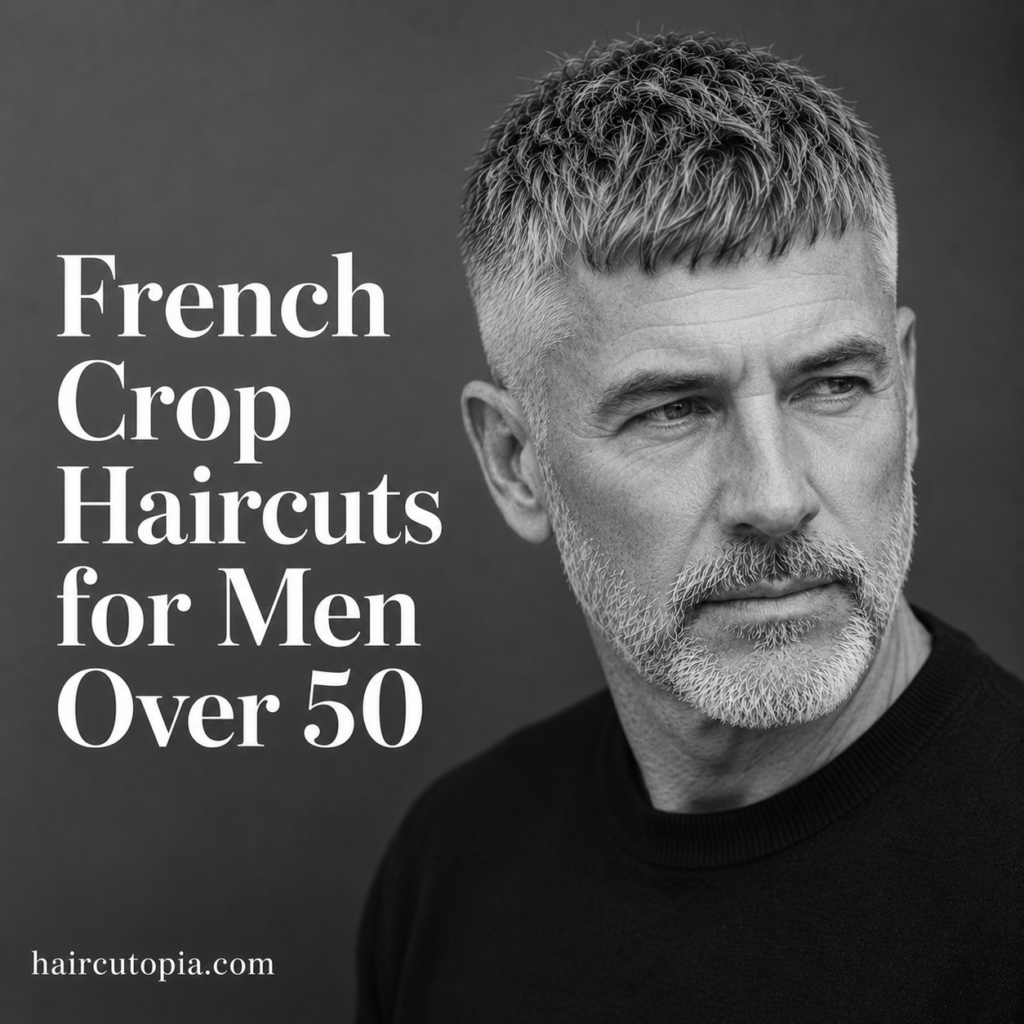 Man over 50 with a textured French crop haircut and gray beard in a black and white editorial portrait