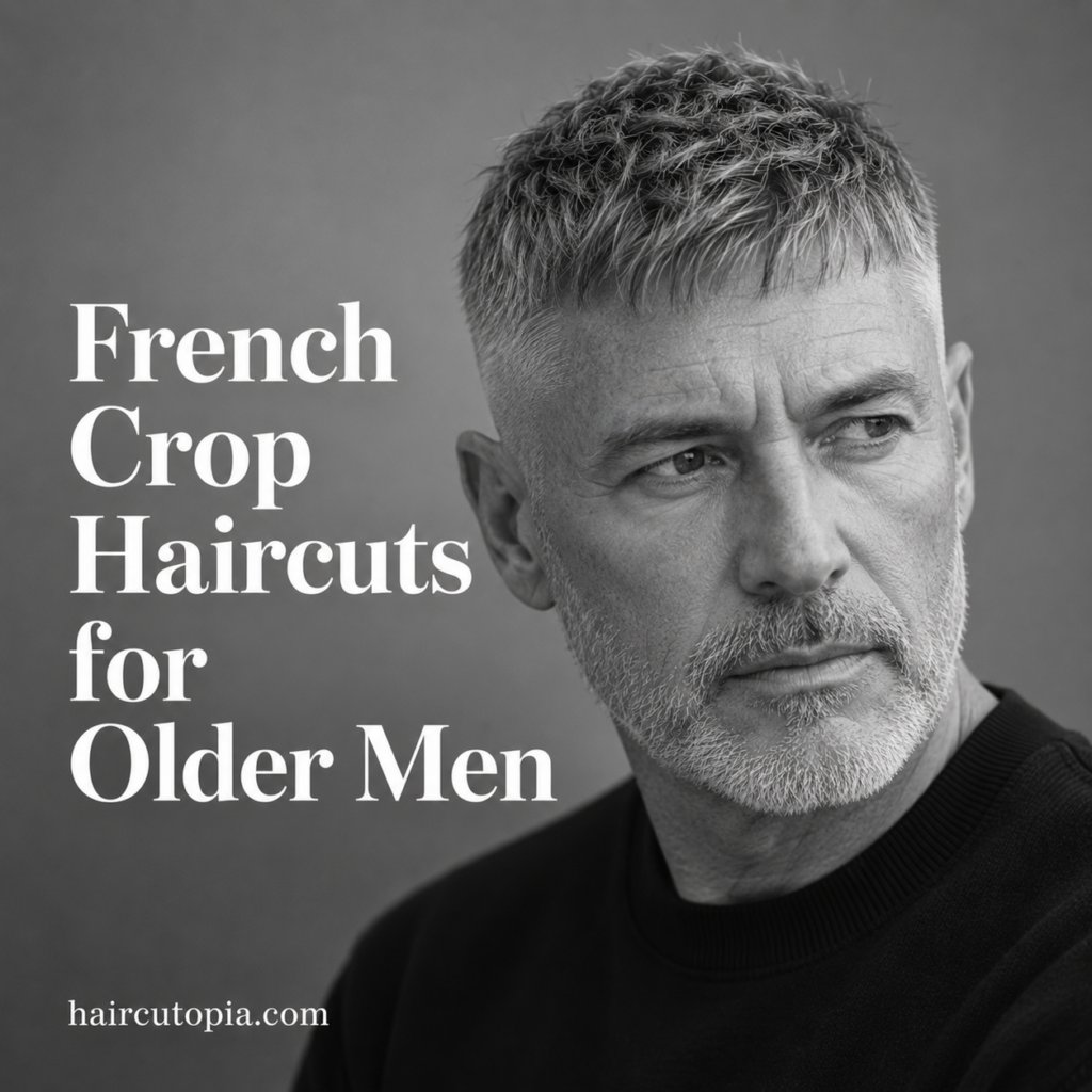Older man with a textured French crop haircut and gray beard in a black and white editorial portrait