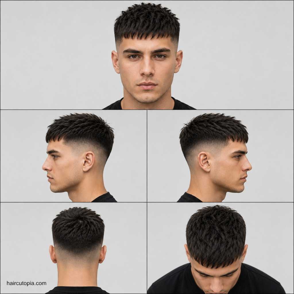 French crop haircut for oval faces shown from front, side, back, and top views with textured crop and fade