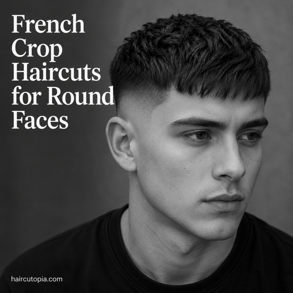 Man with a textured French crop haircut and fade designed to complement a round face shape