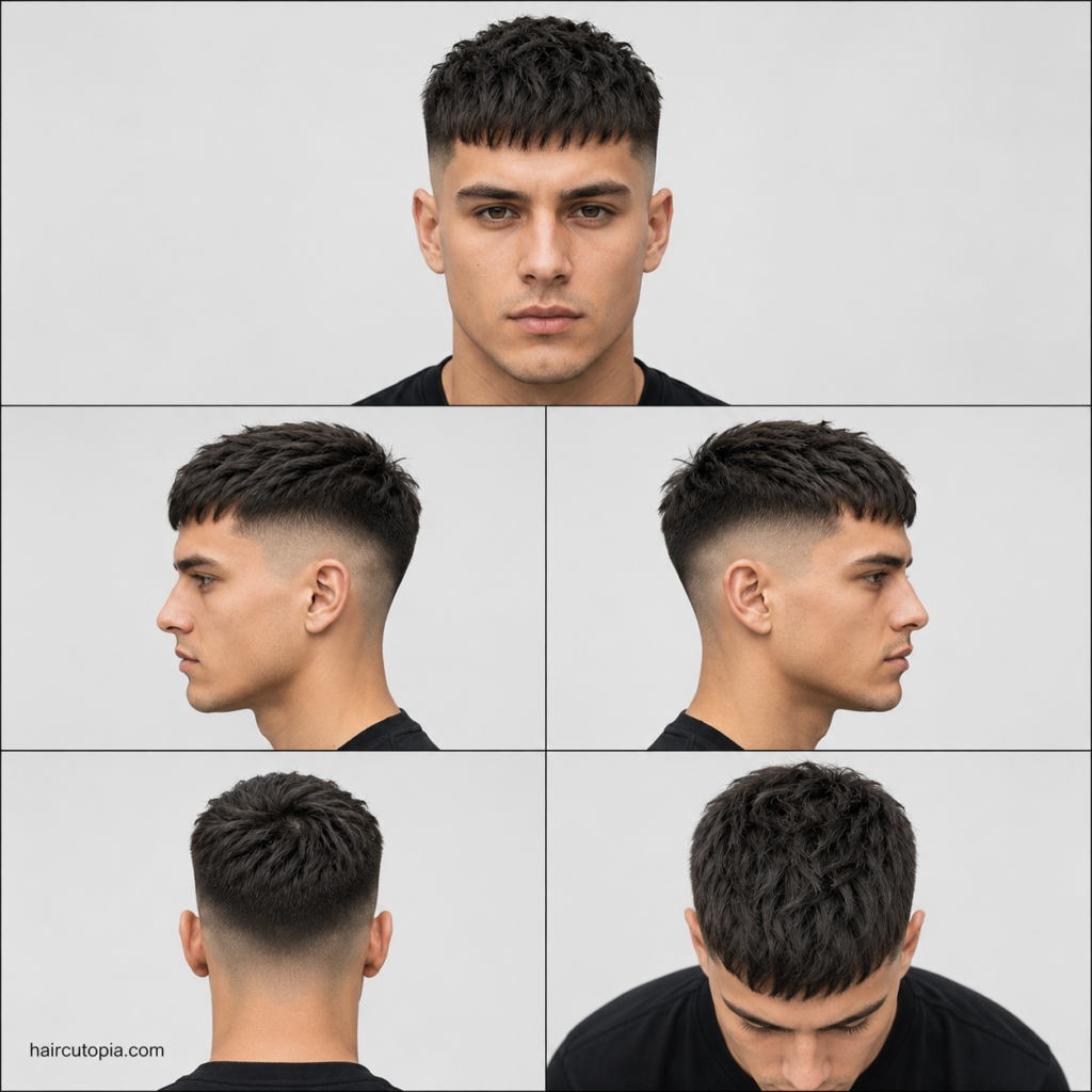 French crop haircut for round faces shown from front, side, back, and top views with textured crop and fade