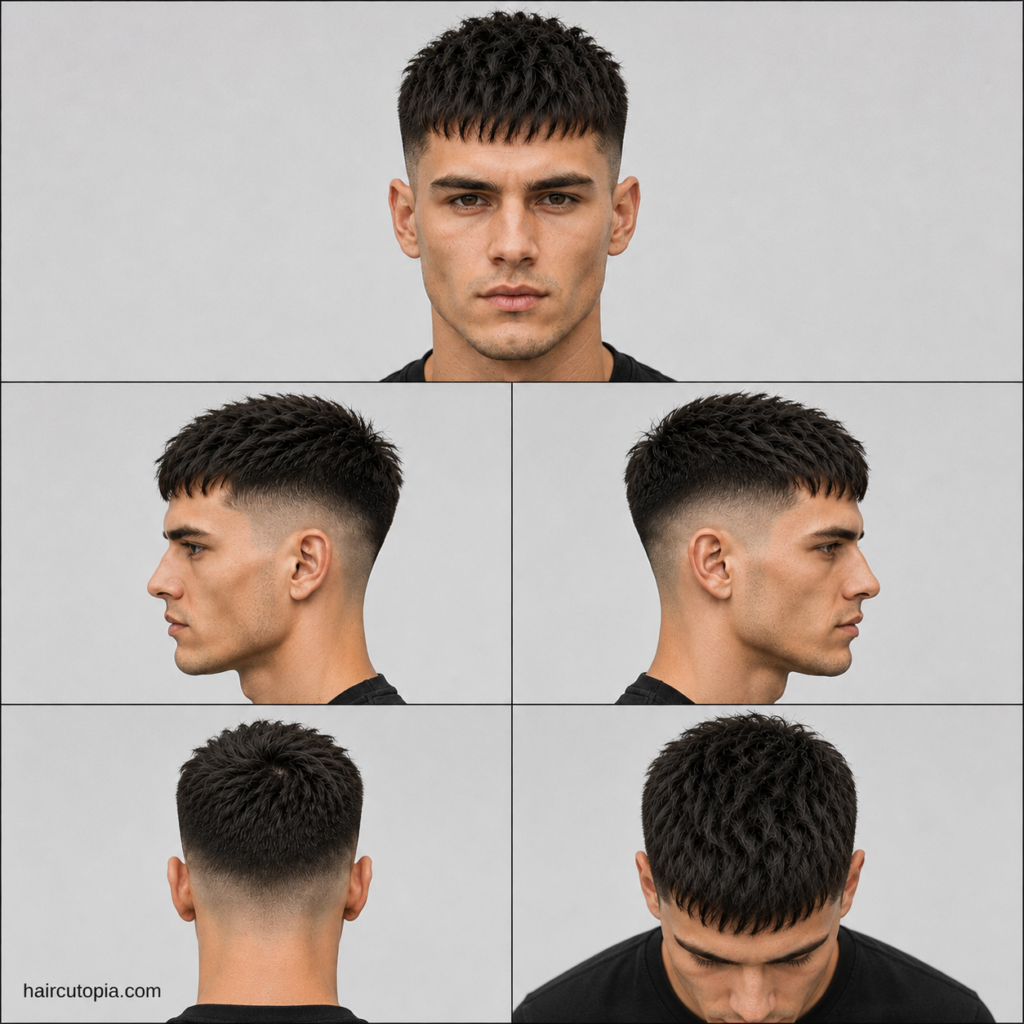 French crop haircut for square faces shown from front, side, back, and top views with textured crop and fade