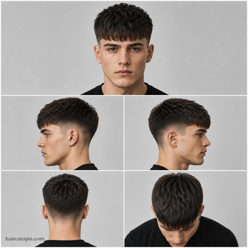 Five-view collage of a French crop haircut for straight hair showing front, left side, right side, back, and top views with textured fringe and faded sides.
