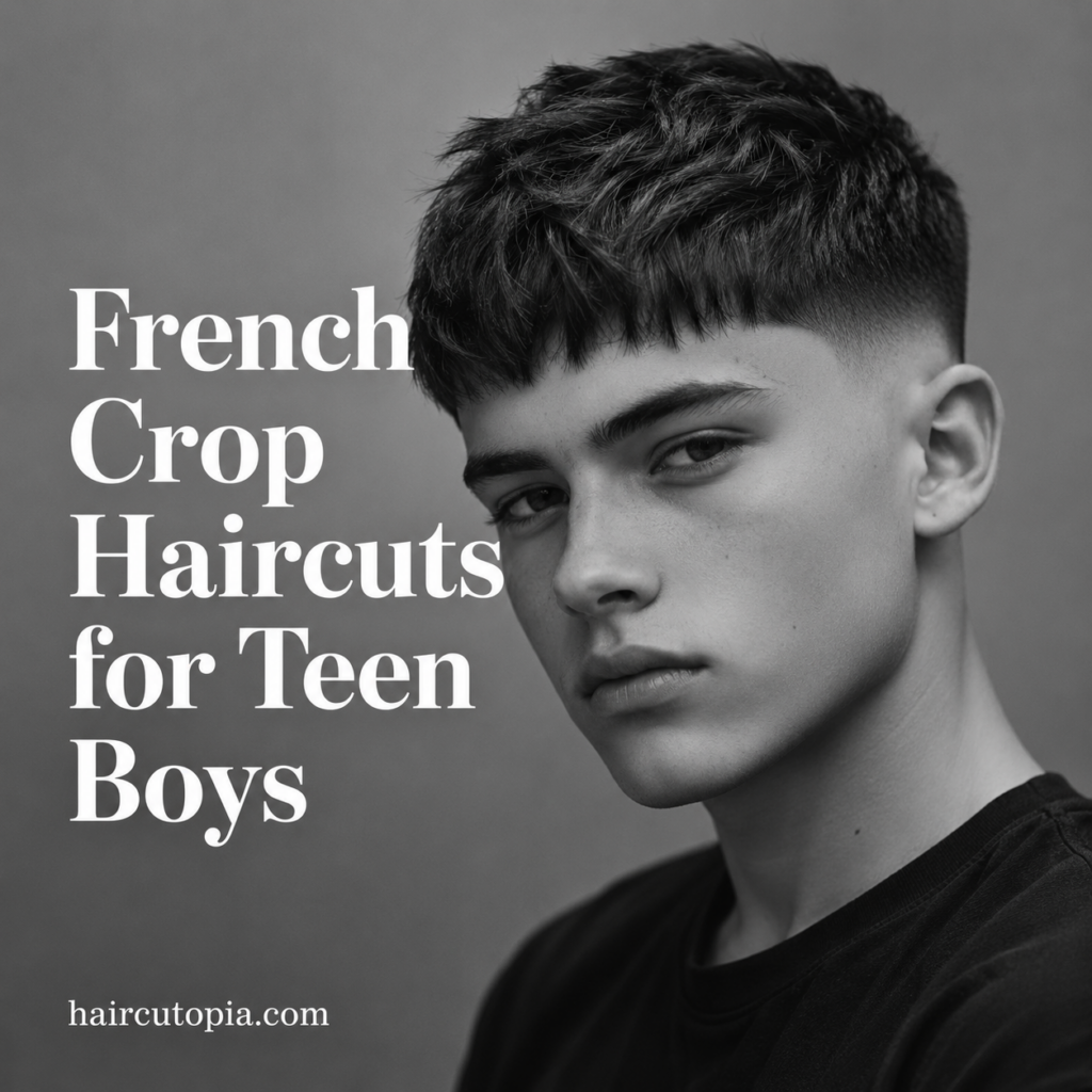 Teen boy with a textured French crop haircut and fade in a modern black and white studio portrait