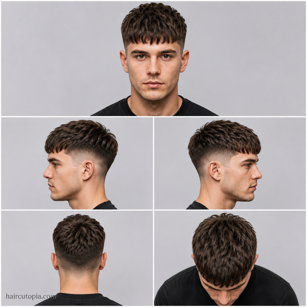 Five-view collage of a French crop haircut for thick hair showing front, left side, right side, back, and top views with textured fringe and faded sides.