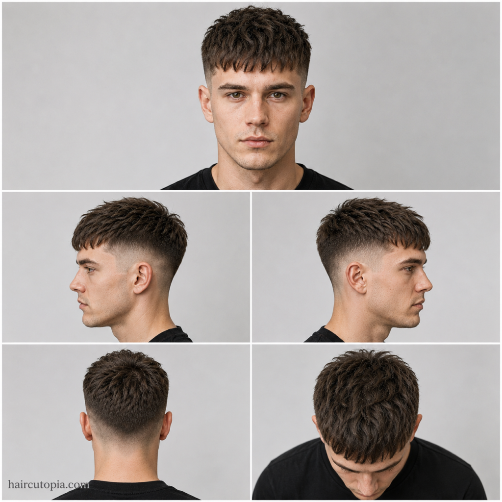 Five-view collage of a French crop haircut for thin hair showing front, left side, right side, back, and top views with textured layers and faded sides.