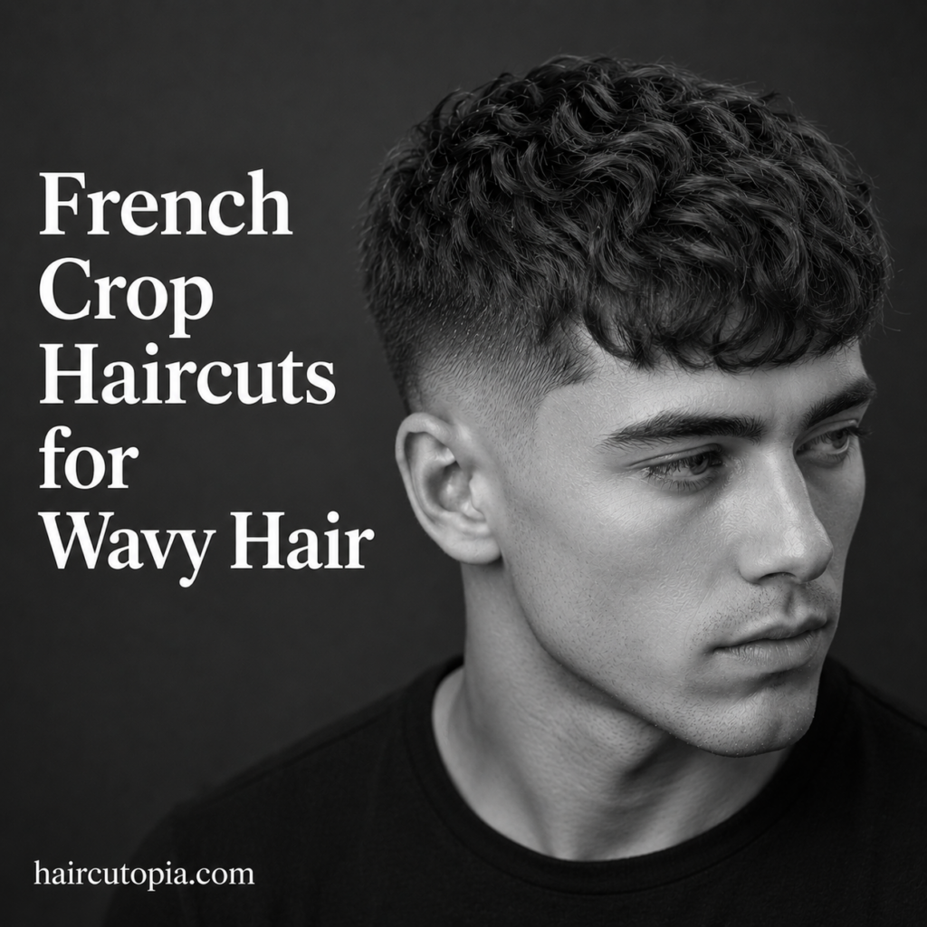 Man with a textured French crop haircut for wavy hair featuring natural waves, a cropped fringe, and clean faded sides.