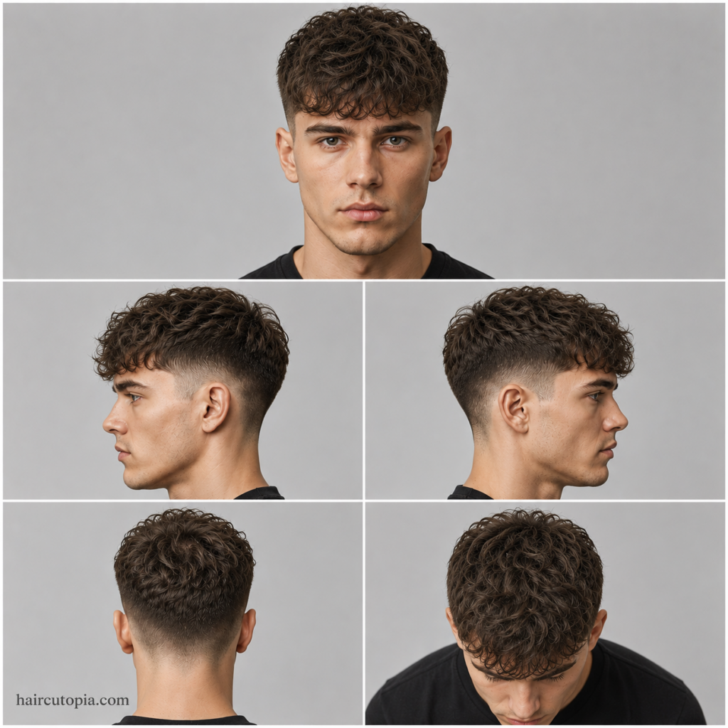 Five-view collage of a French crop haircut for wavy hair showing front, left side, right side, back, and top views with textured waves and faded sides.