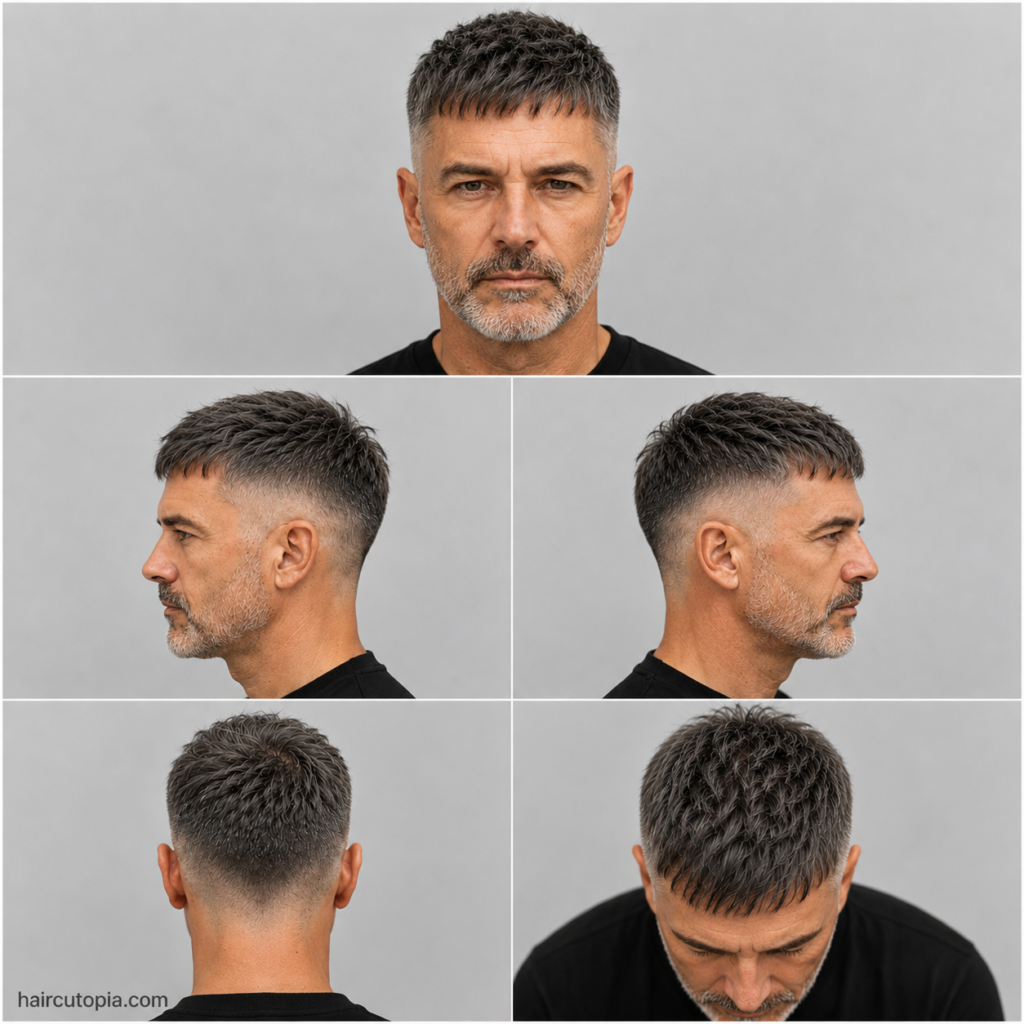 French Crop haircut for men over 40 shown from front, left side, right side, back, and top views in a five-panel collage