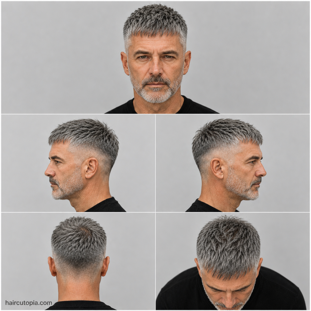French Crop haircut for men over 50 shown from front, left side, right side, back, and top views in a five-panel hairstyle collage