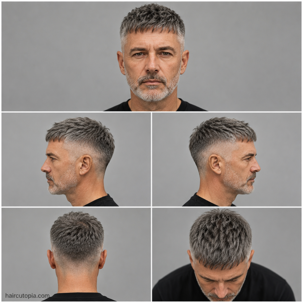 French Crop haircut for older men shown from front, side, back, and top views in a five-panel hairstyle collage