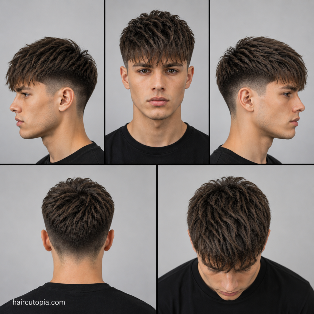 Five-view collage of a modern fringe haircut for fine hair showing the front, left side, right side, back, and top views.