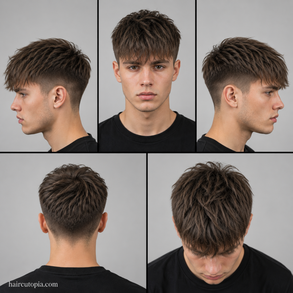 Five-view collage of a modern fringe haircut for thin hair showing the front, left side, right side, back, and top views.