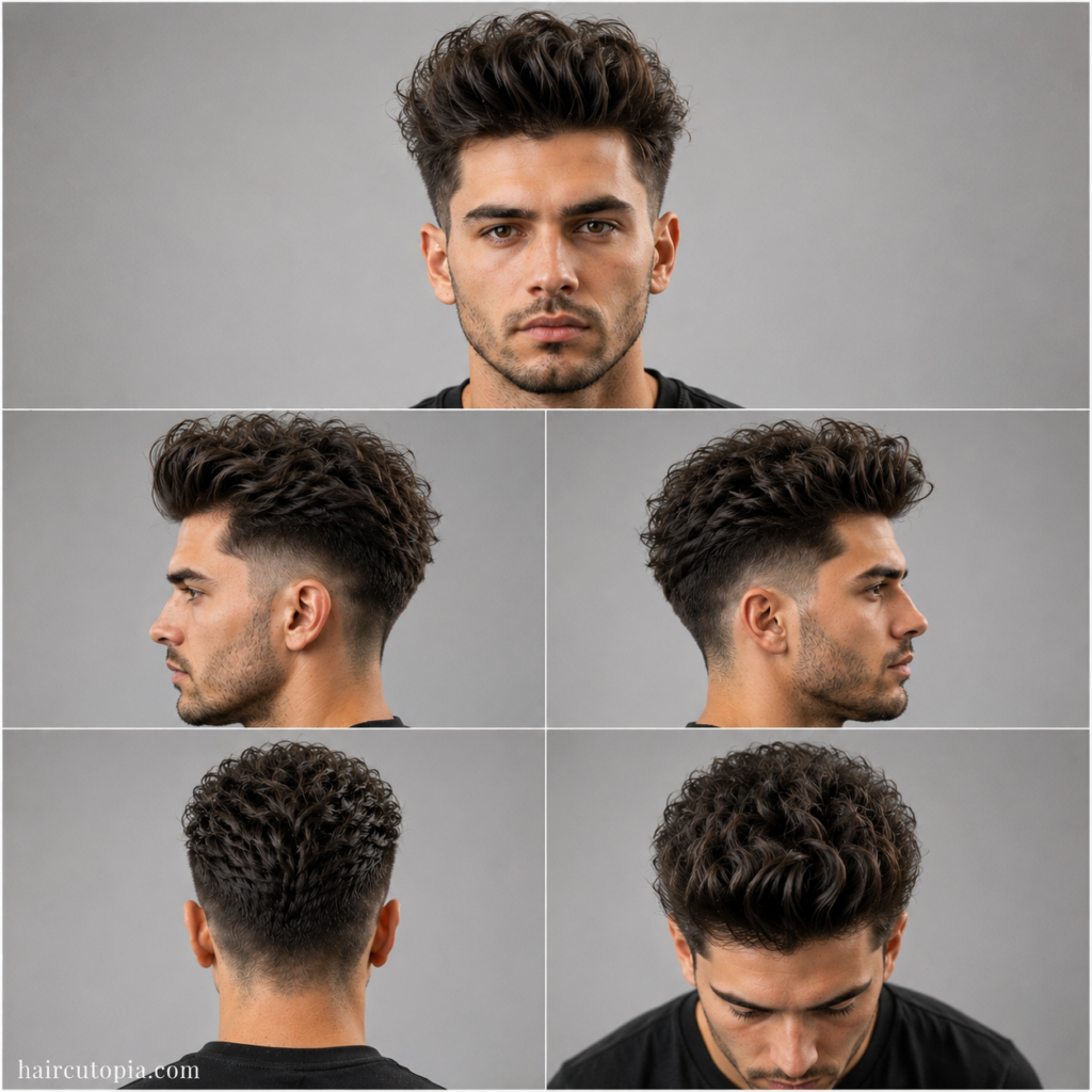 Five-view collage of a textured pompadour haircut for frizzy hair showing front, left side, right side, back, and top views