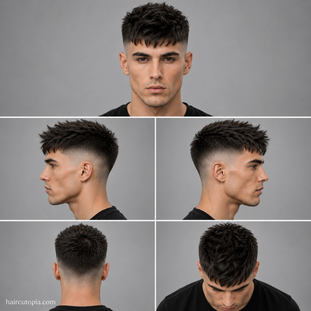 Five-panel collage showing a high fade haircut for diamond-shaped faces from the front, left side, right side, back, and top views.
