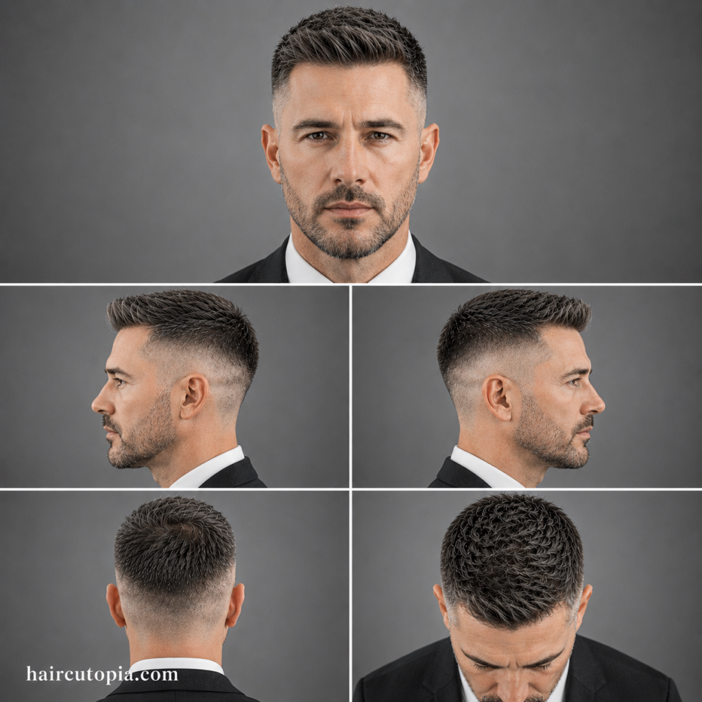 Five-panel collage showing a business professional's high fade haircut from the front, left side, right side, back, and top views, highlighting clean fade blending and executive styling.