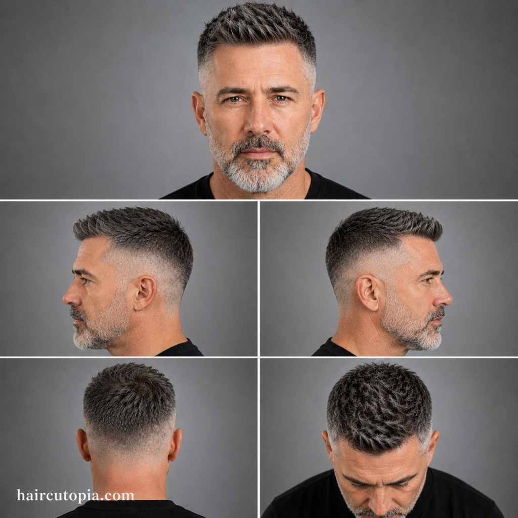 Five-panel collage showing a man over 40 with a high fade haircut from the front, left side, right side, back, and top views, highlighting clean fade blending and textured hair.