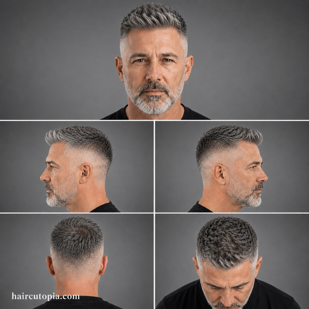 Five-panel collage showing a man over 50 with a high fade haircut from the front, left side, right side, back, and top views, highlighting gray hair texture and clean fade transitions.