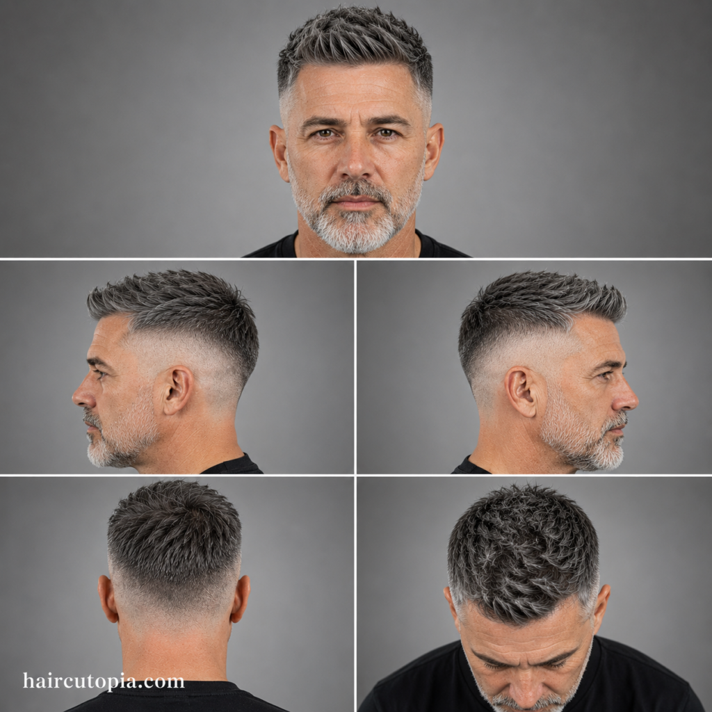 Five-panel collage showing an older man's high fade haircut from the front, left side, right side, back, and top views, highlighting gray hair texture and clean fade blending.